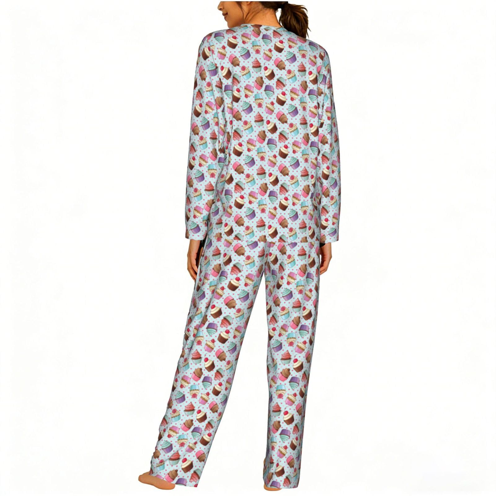 Pigiama da donna a maniche lunghe con stampa a cupcake morbido elastico coulisse casual Daywear