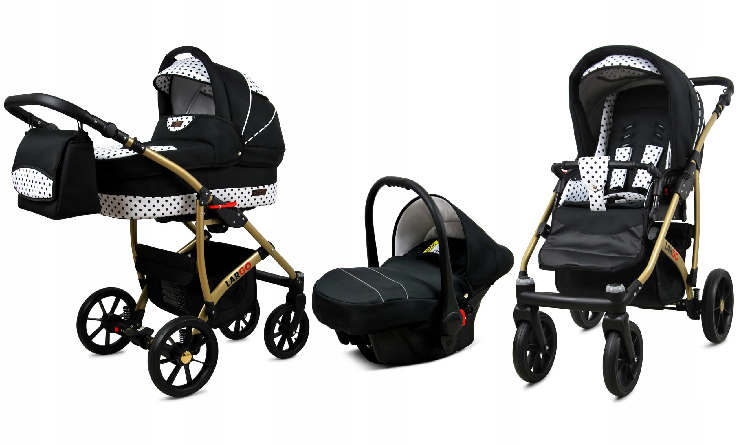 BabyLux Zestaw wózków dziecięcych 3 w 1 – Largo – w zestawie wanienka dla niemowląt, fotelik sportowy, fotelik samochodowy – zestaw wózków dziecięcych z torbą do przewijania, osłoną przeciwdeszczową