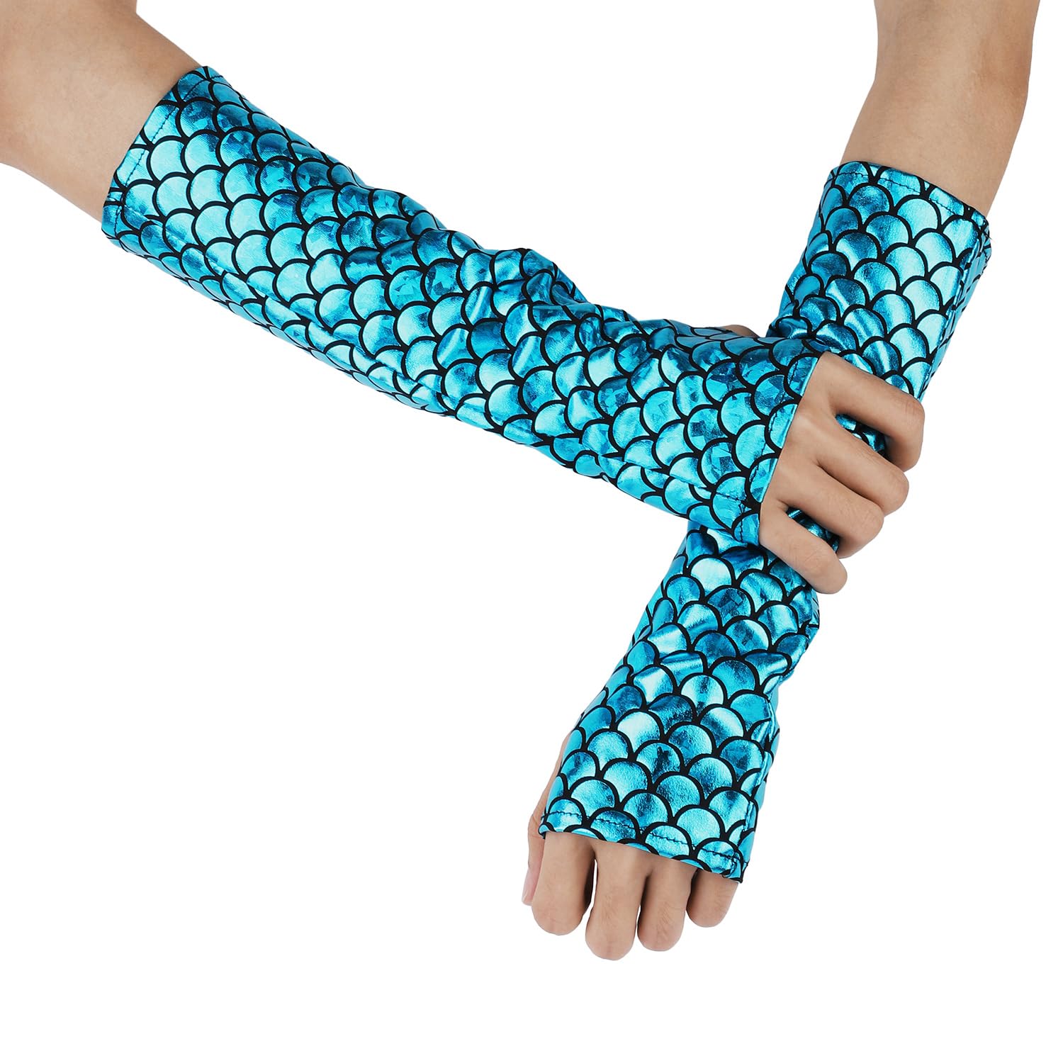 XIHIRCD Blue Sparkly Mermaid Arm Sleeves, 11.61" Long Fish Scale Fingerless Gloves, Shimmery Rave Gloves for Women Girls, Carnival Prom Halloween Cosplay