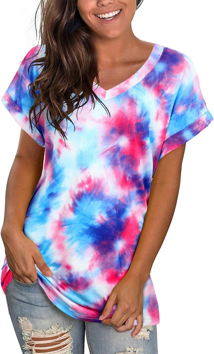 GOOTUCH Womens Summer Tops Tie Dye Short Sleeve Shirt V Neck T Shirts Casual Loose fit Blouses