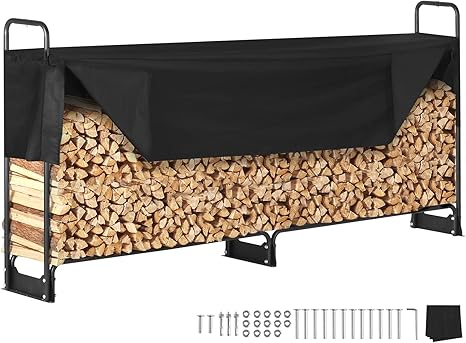 VEVOR 8.5FT Outdoor Firewood Rack with Cover, 102x14.2x46.1 in, Heavy Duty Firewood Holder & 600D Oxford Waterproof Cover for Fireplace, Patio, Indoor/Outdoor Log Storage Rack for 1/2 Cord of Firewood