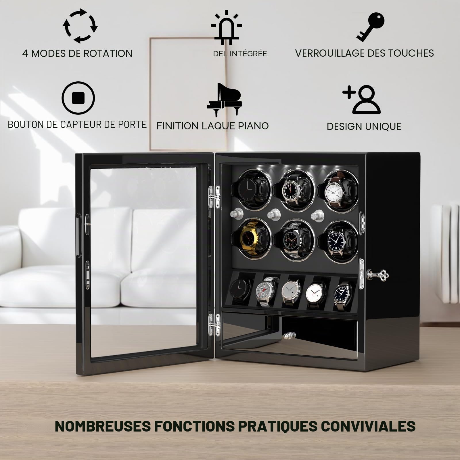 XTELARY Remontoir de Montre verrouillable Noir pour 2/4/6/8 avec 3/6 emplacements mémoire, tiroir de Rangement, 4 Modes de Rotation, lumière LED Blanche, Moteur Super Silencieux