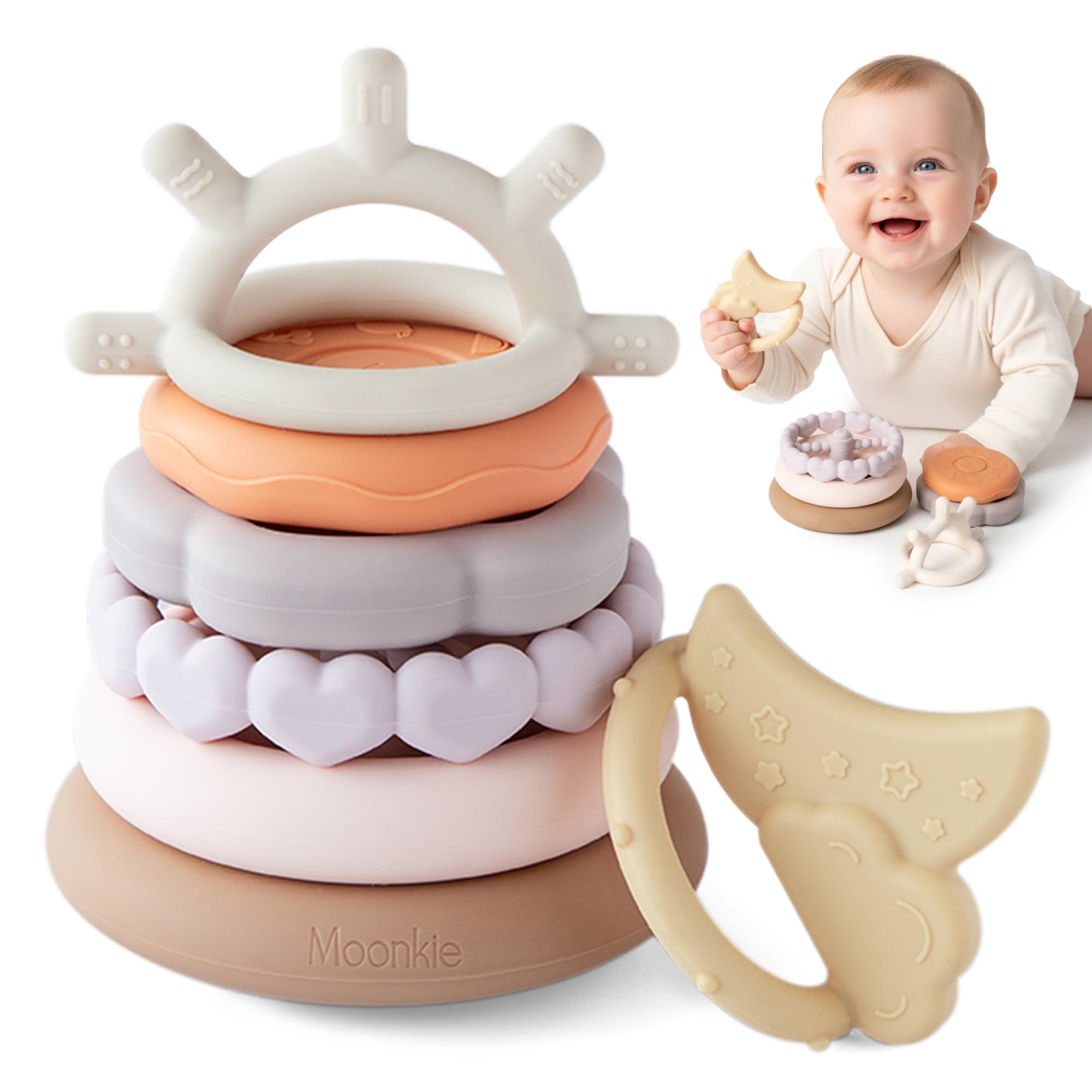 Moonkie Kreis Stapel Weiches Kinderspielzeug | Pädagogisches Lernen Baby Spielzeug | Stapelring Spielzeug für Babys Jungen und Mädchen | 7-teiliges Beißring-Set (Natur)