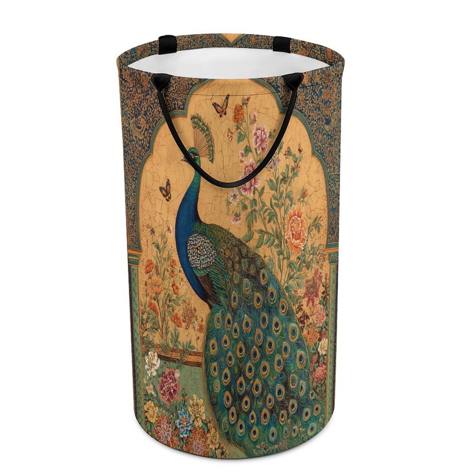 LUYYSKY Beautiful Boho Elegant Peacock Collapsible Dirty Clothes Basket, Classic Abstract Animal Butterflies Peacock Botanical Flowers Portable Clothes Storage Laundry Basket-40 CM Dia, 69 CM High