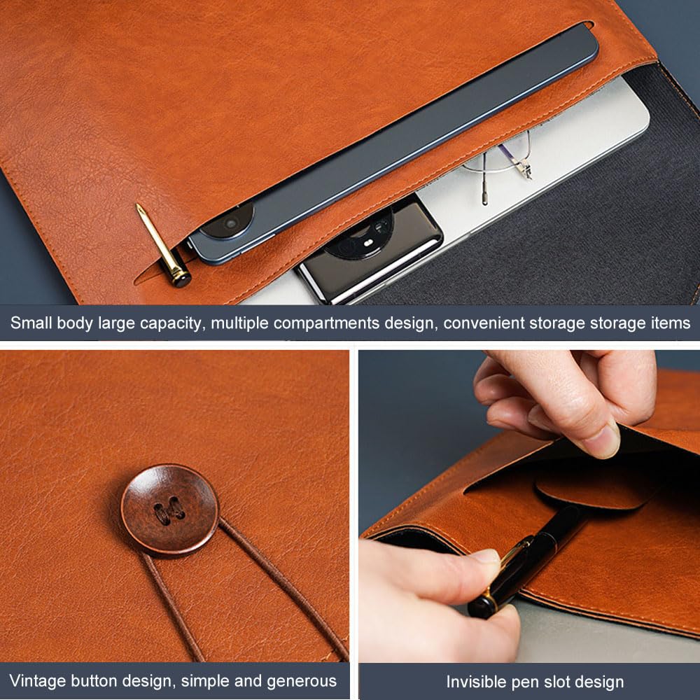 Oaygat 2pc A4 PU Leather Document Folders Leather Document Holders with Button Strap File Folders Organizer Envelope Documents iPad Laptop Stationery Bag Travel Portfolio File Envelope File Holder - Image 4