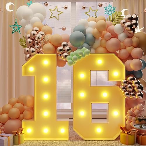 imprsv Números iluminados de marquesina de 3 pies, decoraciones de cumpleaños número 16 para niñas y niños, números grandes iluminados para