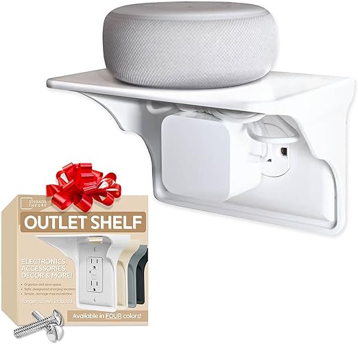 Storage Theory Power Perch Horizontal Outlet Shelf with Cord Storage Strap – Wall Shelf for Echo Dot, Electric Toothbrush, Phone – Bedroom & Bathroom Organizer (White, 1-Pack)