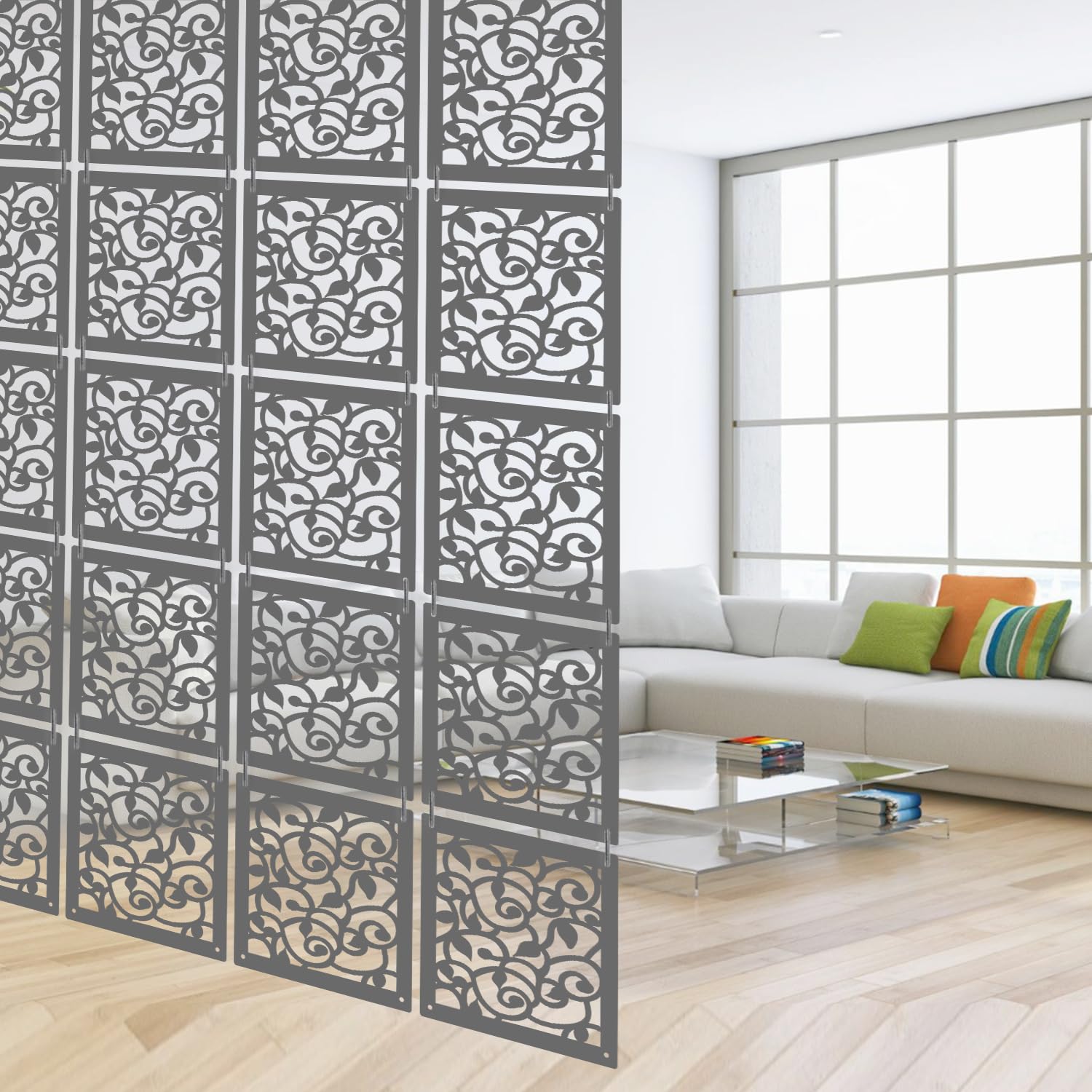 OLIVE TREE Room Divider Partitions for Living Room | 12 Pcs Hanging Room DIY Divider Panel | Modern Hanging Screen Partition for Hall Bedding, Dining, Study and Hotels -(11.5" x 11.5") Grey5101-image-24