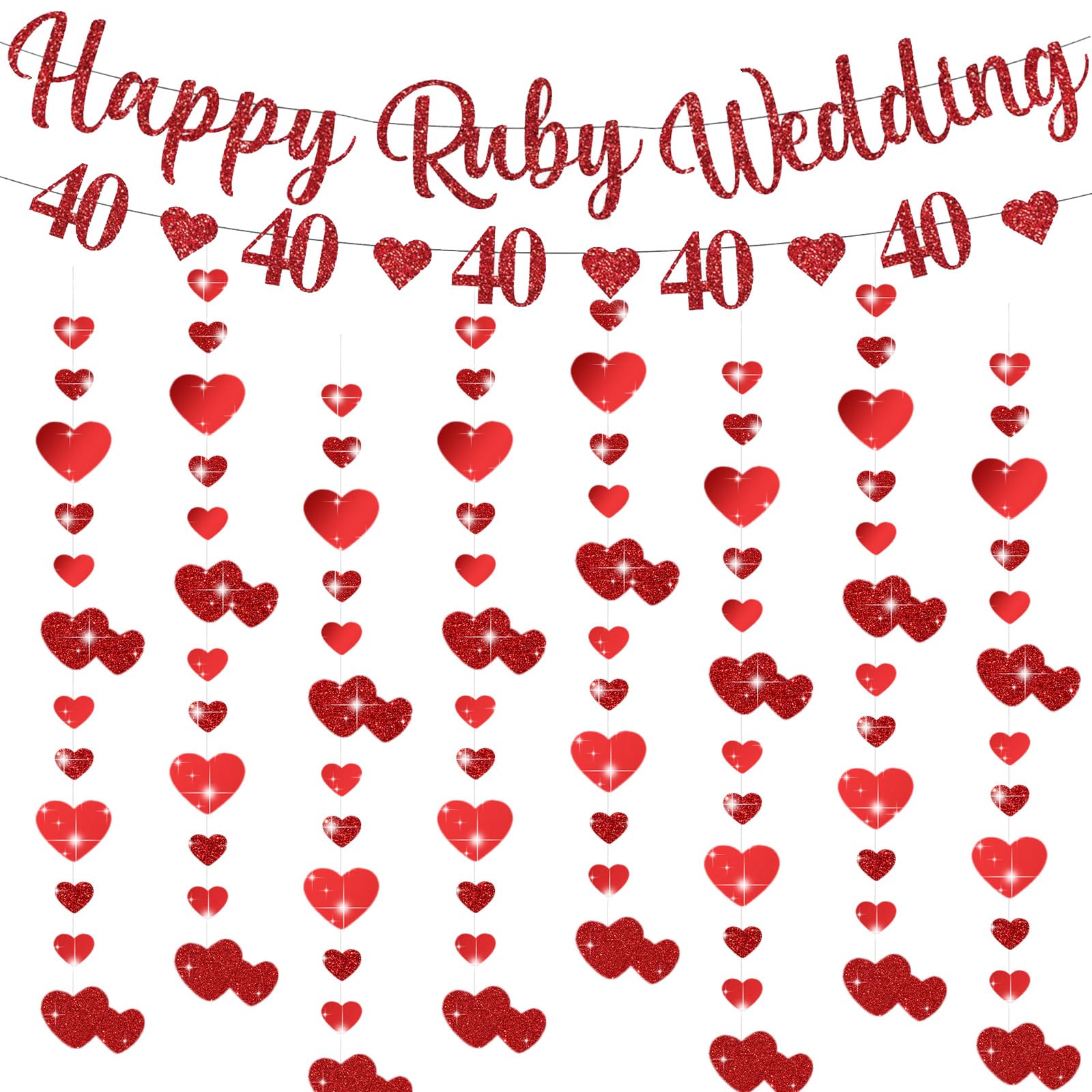 40th Wedding Anniversary Decorations Ruby Wedding Anniversary Decorations Happy Anniversary Banner Glitter Heart Hanging Party Decorations for 40 Years Ruby Wedding Celebration Party