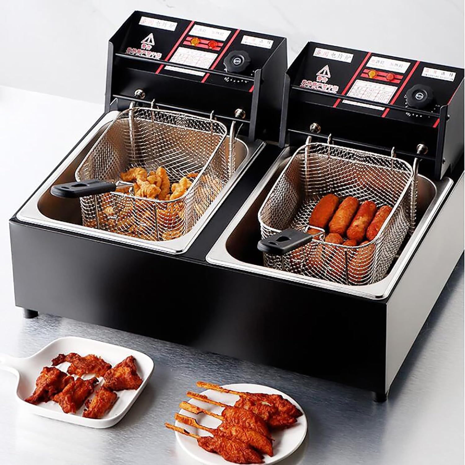 Friggitrice commerciale, friggitrice elettrica commerciale, friggitrice elettrica da banco con 2 cestelli e coperchi per cucina domestica e ristorante, friggitrice a doppia vasca in acciaio inossida