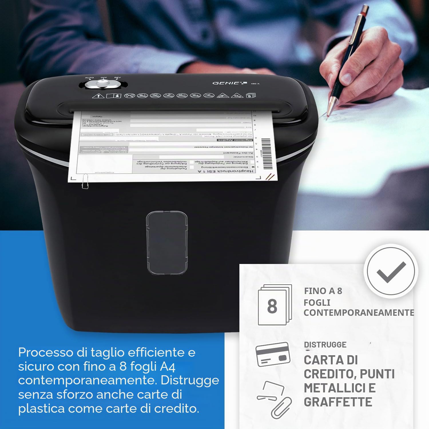 Genie - Distruggidocumenti Power 480 X | Alto livello di sicurezza P4 con fino a 8 fogli di taglio a particelle | Distruggidocumenti con cestino da 12 l in nero