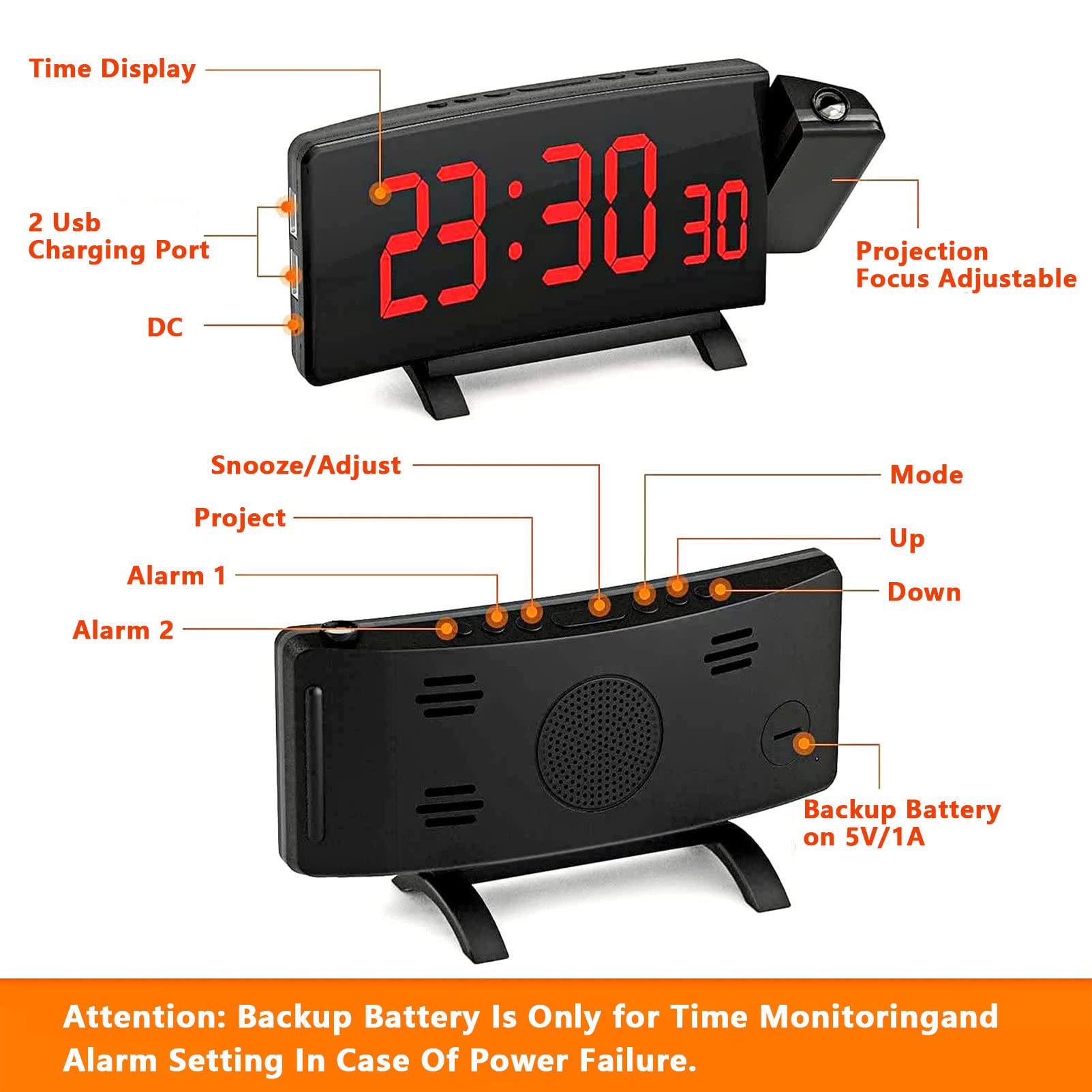 RayGenius Despertador Digital, Radio Despertador FM, Reloj Digital con Puerto de Carga USB, función Snooze, Pantalla de Espejo LED de 7", Doble Alarma, visualización de Temperatura y Humedad.