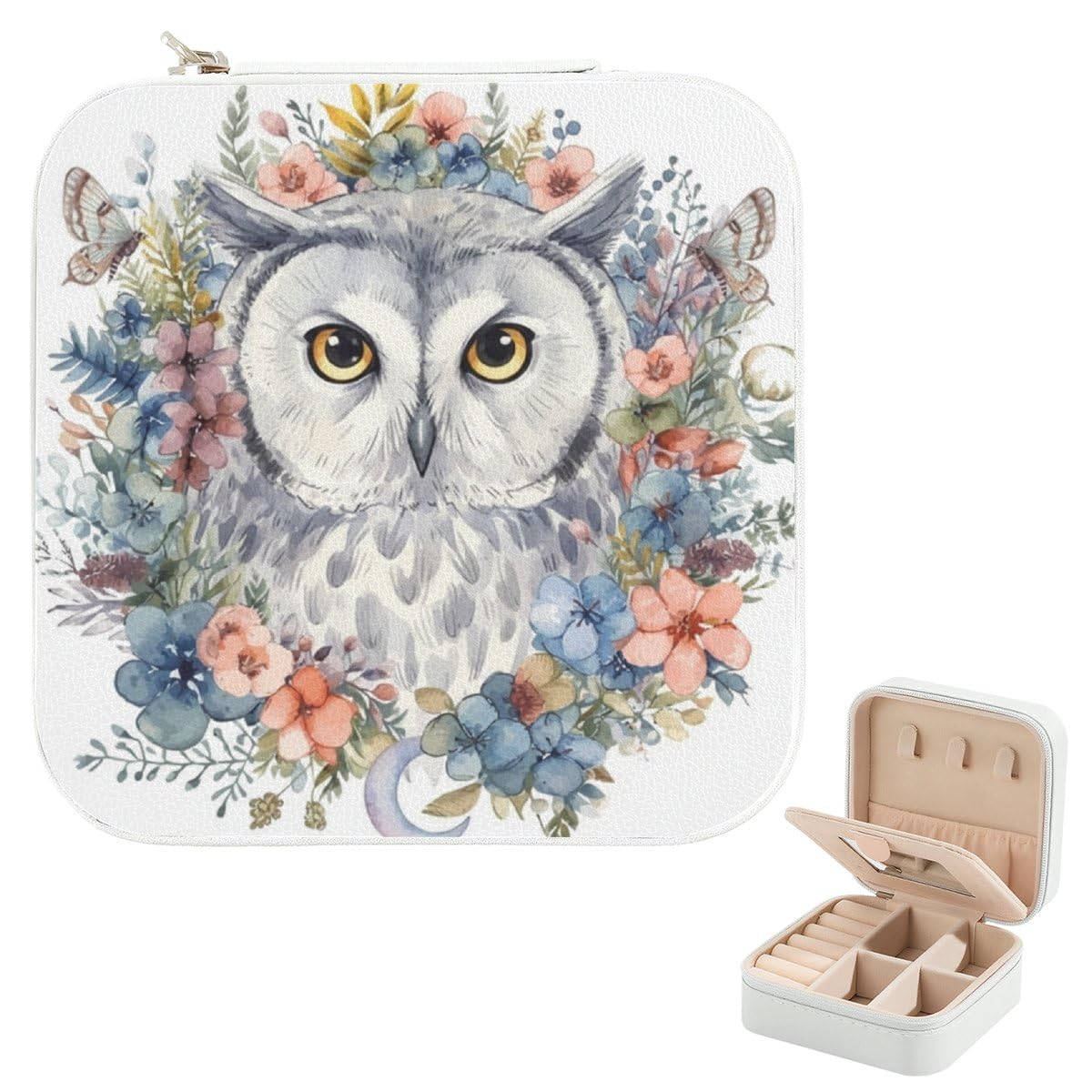 Grey Owl Pastel Wildflowers Mini Jewelry Box Travel Travel Jewelry Cases for Women Earring Organizer Ring Case Necklace