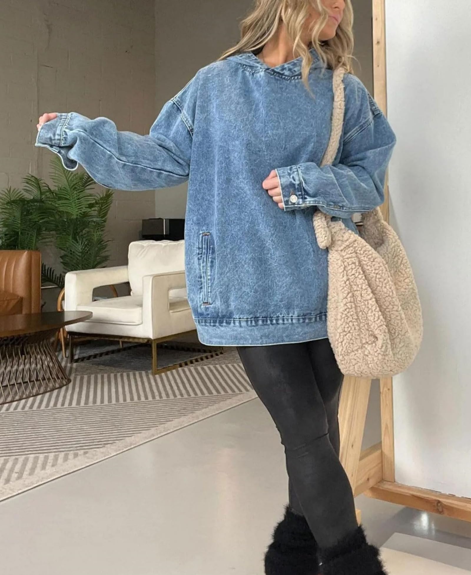 Dżinsowa bluza z kapturem z kieszeniami przednimi, damska dżinsowa bluza z kapturem, kurtka dżinsowa, damska bluza oversize z kapturem dżinsowa