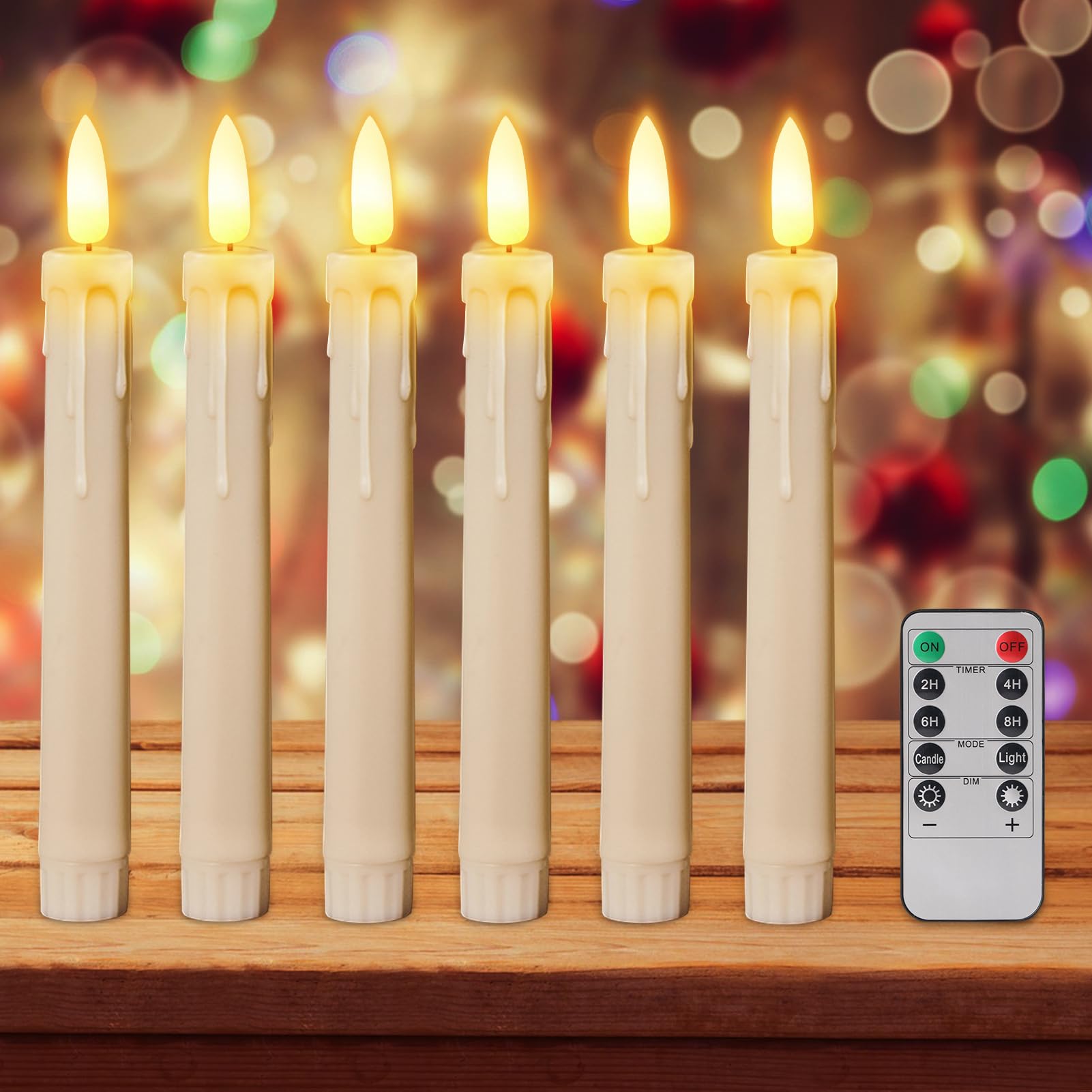 Velas LED con función de temporizador, 6 velas LED sin llama con mando a distancia, llama parpadeante, velas LED regulables, funciona con pilas para decoración navideña, decoración de fiestas (A)