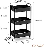 Vista 2 de CAXXA 3-Tier Rolling Metal Storage Organizer - Mobile Utility Cart, Kitchen Cart with Caster Wheels (Black)