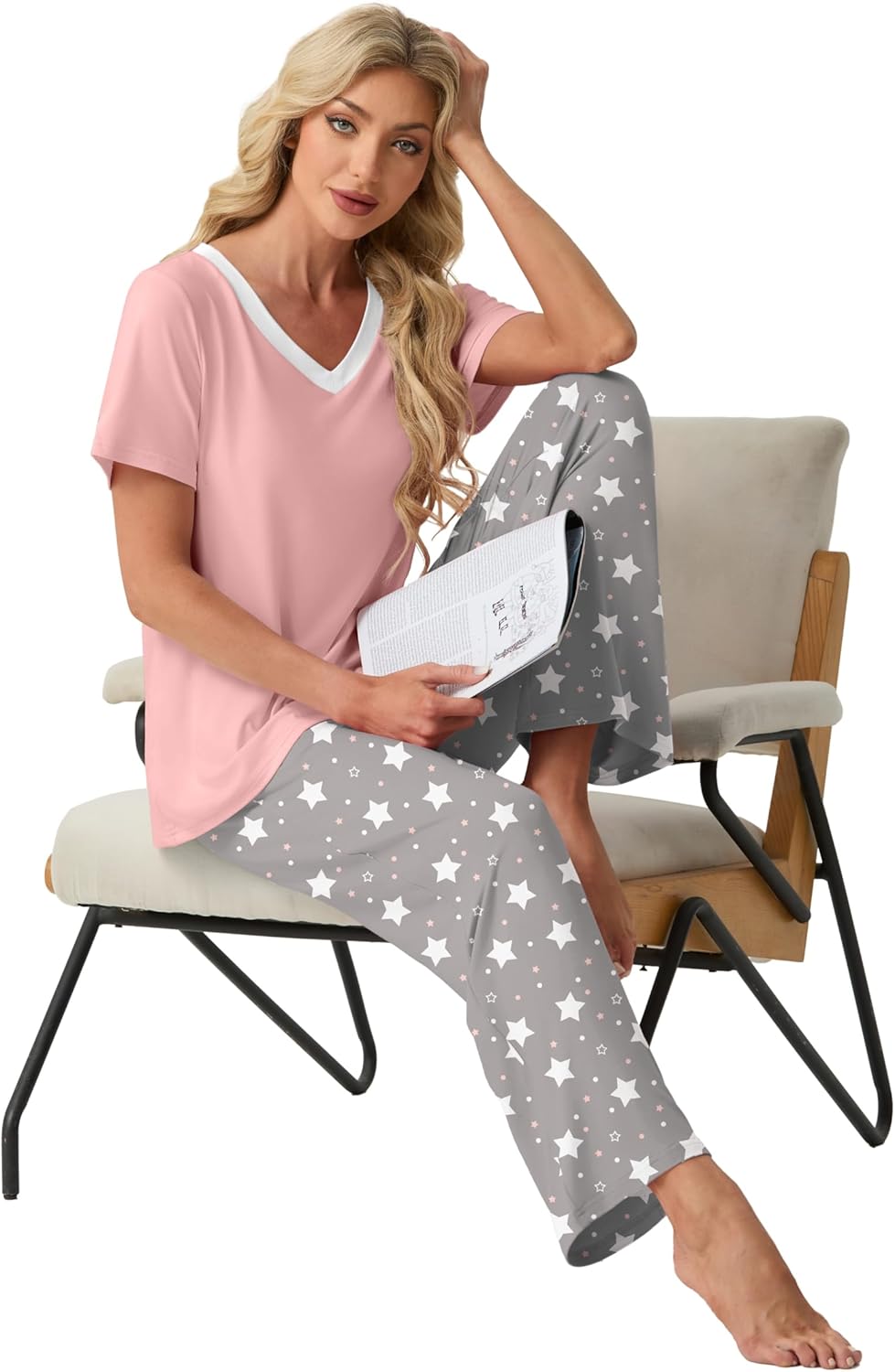 PrinStory Pajamas for Women Set Soft Pjs 2 Piece Pajama Sets Casual Pj Short Sleeve Lounge set with Pockets - Image 3