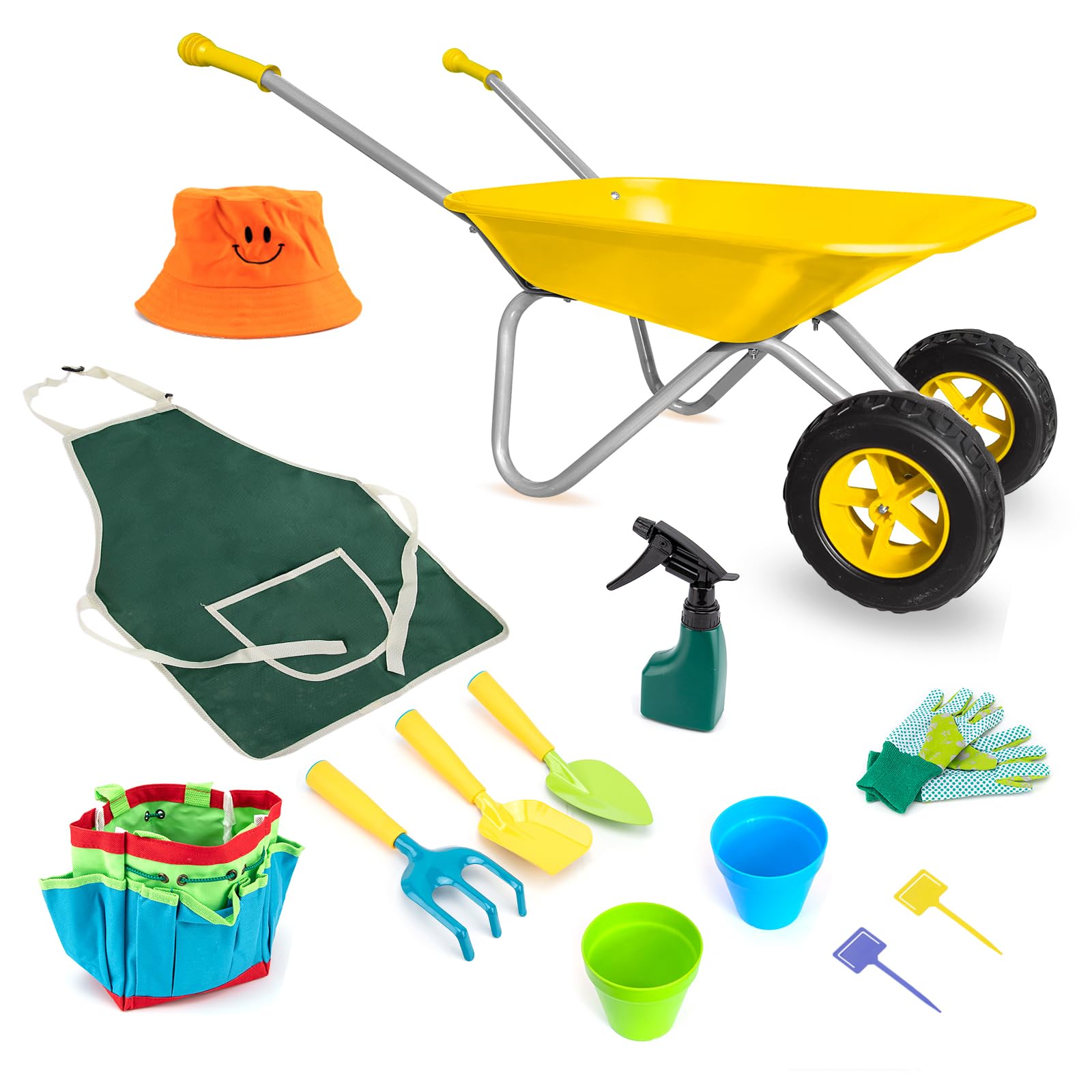 Toddler Metal Wheelbarrow for Kids Gardening Tool 12 PCS Set(Yellow Set)