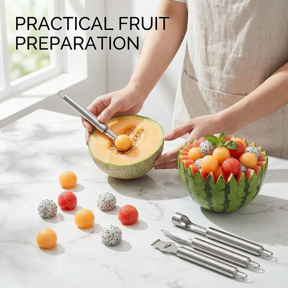 Set 4 en 1 Cuillère Parisienne à Melon Vide Pomme Denoyauteur Couteau Sculpteur Fruits Ustensile de Cuisine en Acier Inoxydable pour Faire des Billes