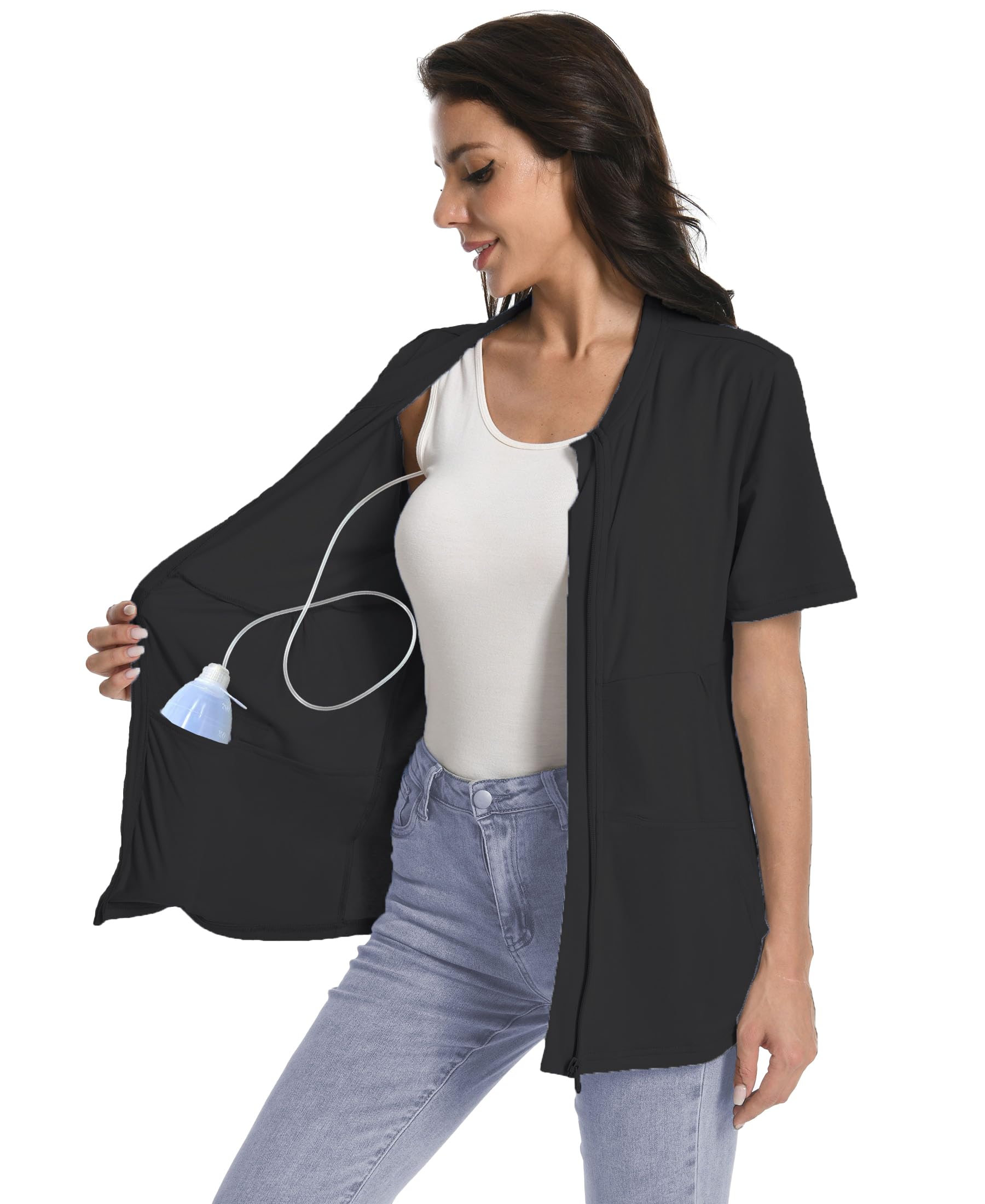 Post Mastectomy Zip Up Shirts with Drain Pockets Surgery Recovery Must Haves Clothing Comfy Short Sleeve Shirts