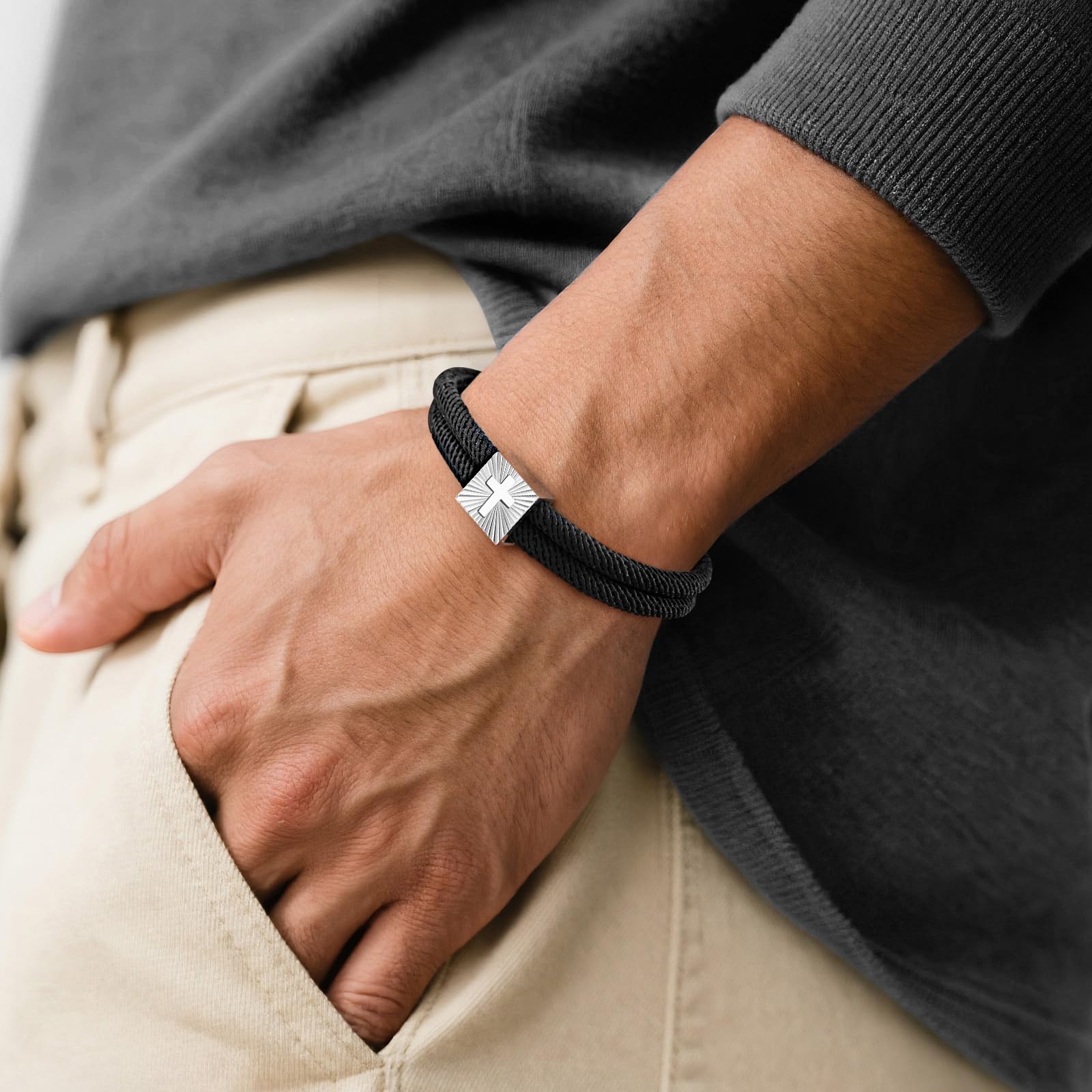 FLHEART Cruz pulsera confirmación regalos para niños – Pulsera de cuerda náutica negra con cruz, pulseras de Jesucristo, joyas, confirmación de Pascua, regalo para niños, hombres, hijo, regalos