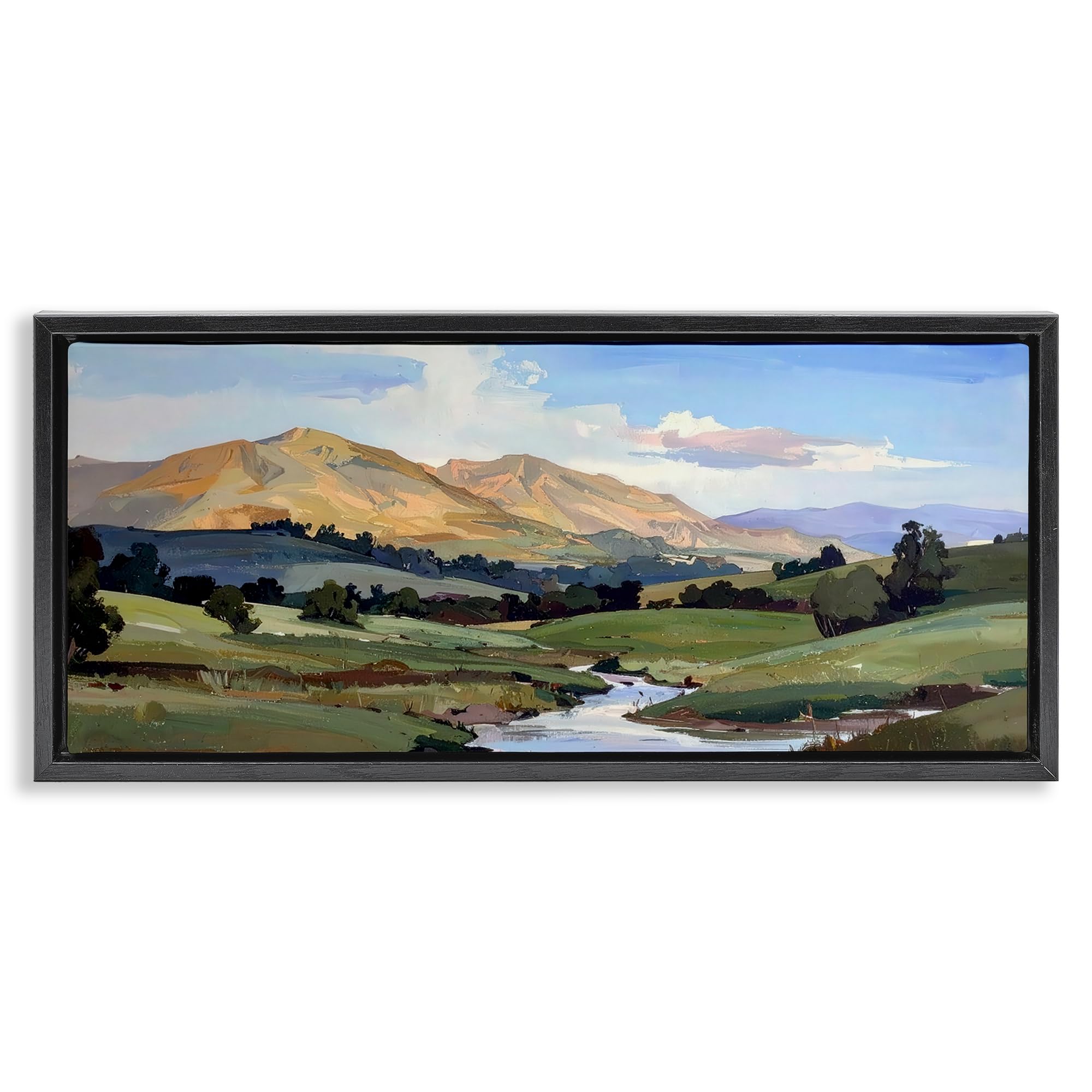 Stupell Industries Jet Black (Matte) Winding River Valley Landscape, 13 X 30 Inch Canvas In Floater Frame