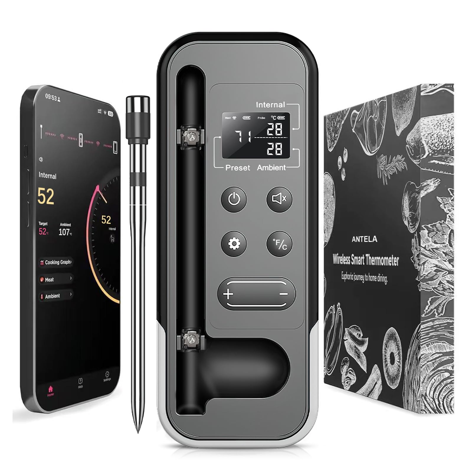 ANTELA Fleischthermometer Kabellos 200M Bluetooth 5.3 mit LCD Anzeige, Alarmfunktion, Digitales Backthermometer Meat Thermometer, für Ofen, BBQ, Grill, Raucher via APP
