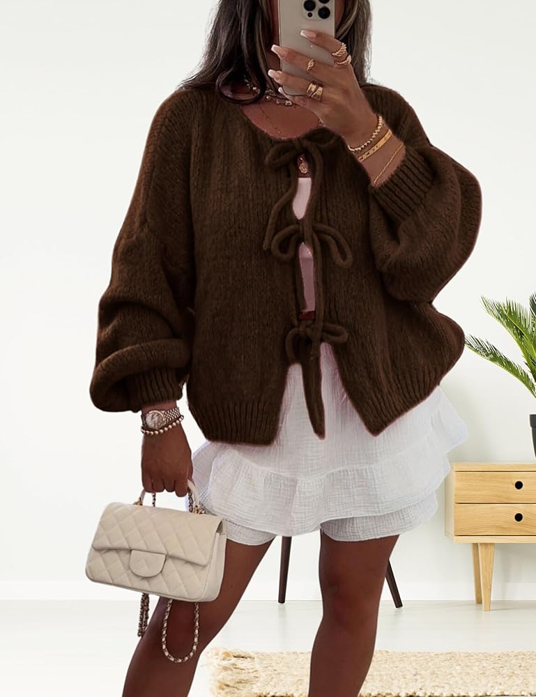 InterNos Womens Bow Tie Front Sweater Cardigan Y2k Chunky