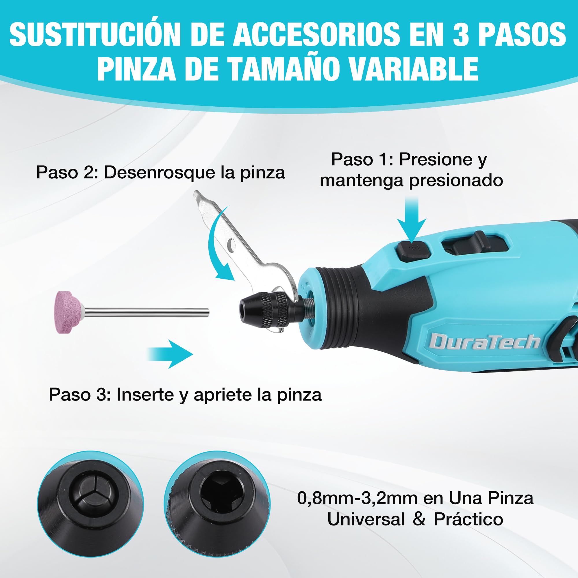 DURATECH Amoladora Inalámbrica de 12V, Multiherramienta Recargable de 35000RPM, Herramienta Rotativa con 118 Accesorios, 7 Velocidades Variables, para Cortar, Tallar, Grabar, Perforar