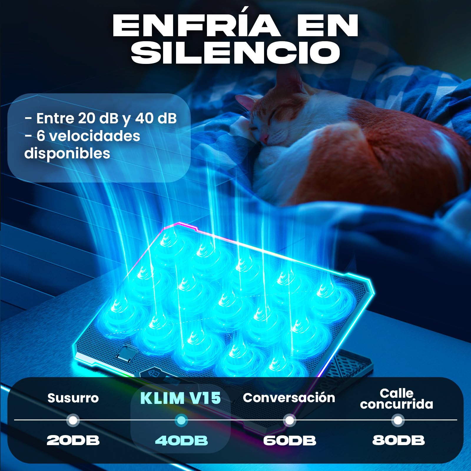 KLIM V15 Base Refrigeradora para Portátil Gaming con 15 Ventiladores + Soporte RGB Estable para Portátil con Ventilador + Compatible hasta 17" + 2 Puertos USB + Soporte para Teléfono