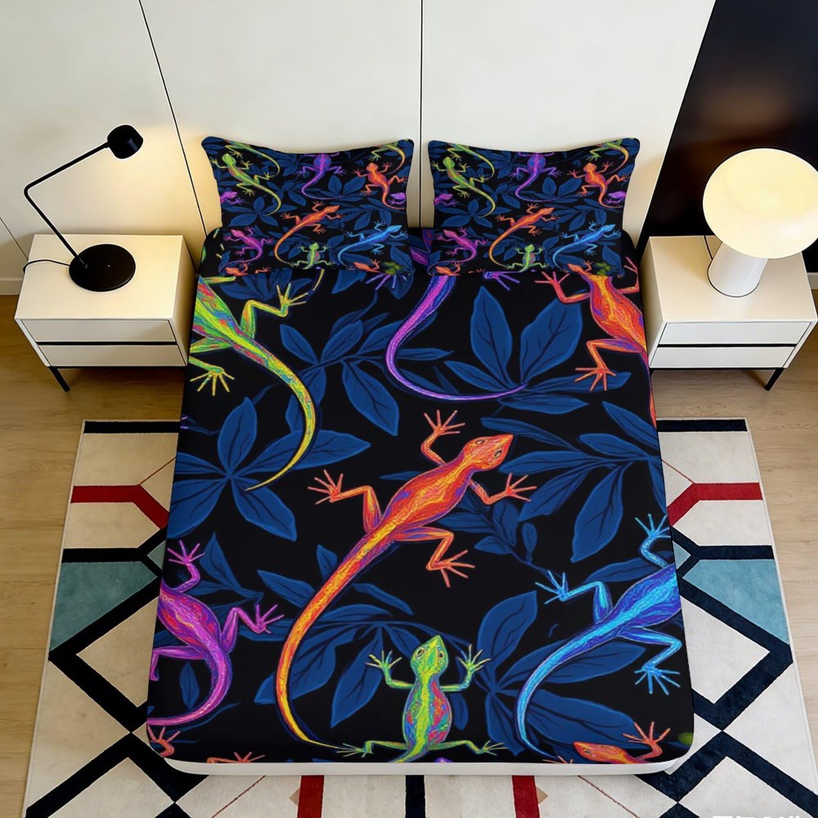 3D Printed Colorful Lizard Fitted Sheet Microfiber Soft Breathable Neon Geckos Bed Cover for Bedroom Dormitory Guest Room Mattress Protection 140x200x25cm
