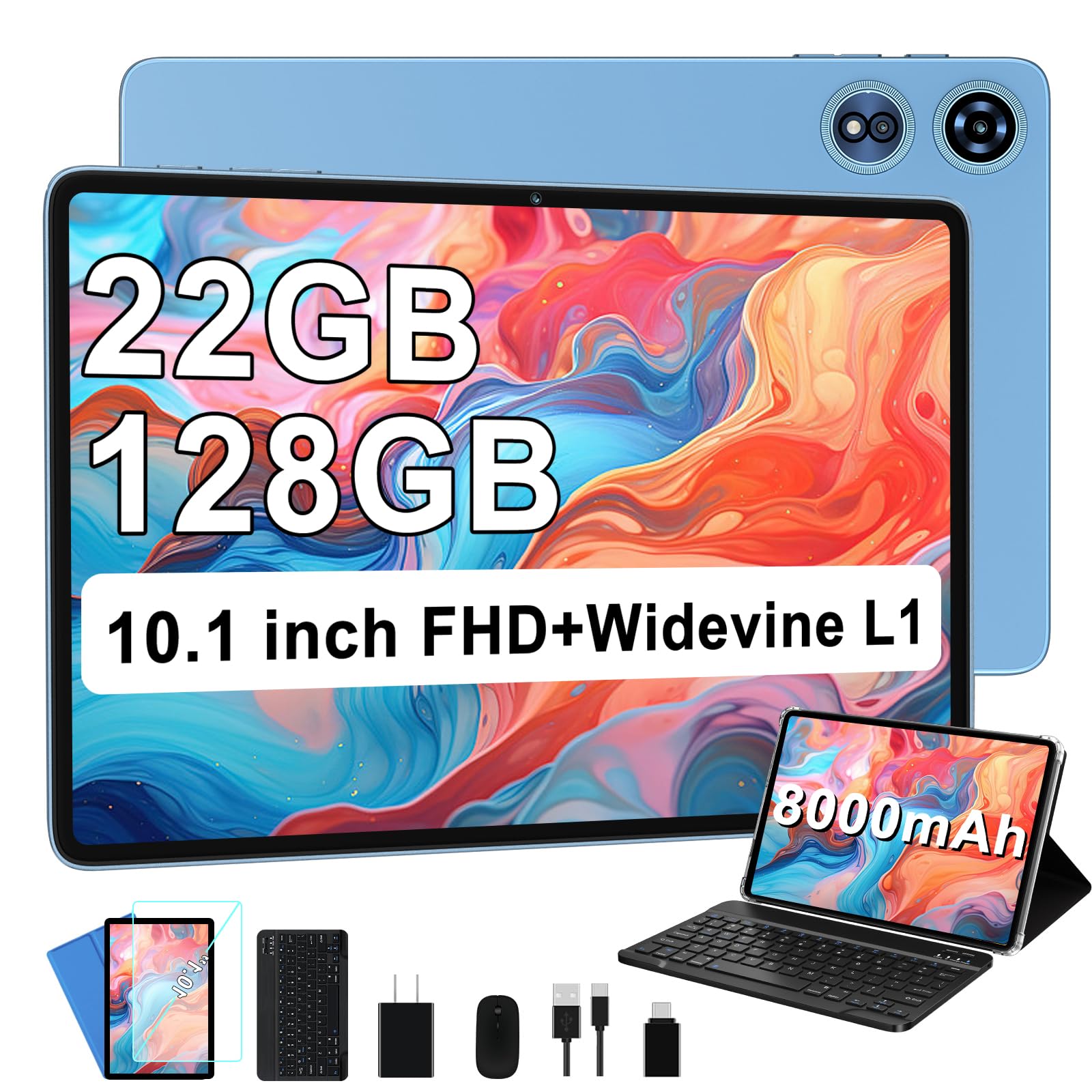 2025 android 14 tablet 22gb ram, 128gb rom, 1tb expanded, 10 inch tablets with keyboard and mouse, octa-core, 8000mah battery, ips hd display, 5g wifi, bt 5.0, gps, widevine