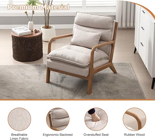 Miniatura 28 de INZOY - Sillón decorativo de mediados de siglo con estructura de madera, tapizados, para sala de estar, con cojín para la cintura, sillón de lectura