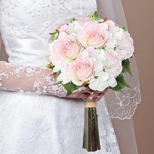 Miniatura 6 de Tigeen 12 juegos de ramos de boda para novia, dama de honor, rosas artificiales, flores de seda rosa sintética con tallos ramo floral blanco para