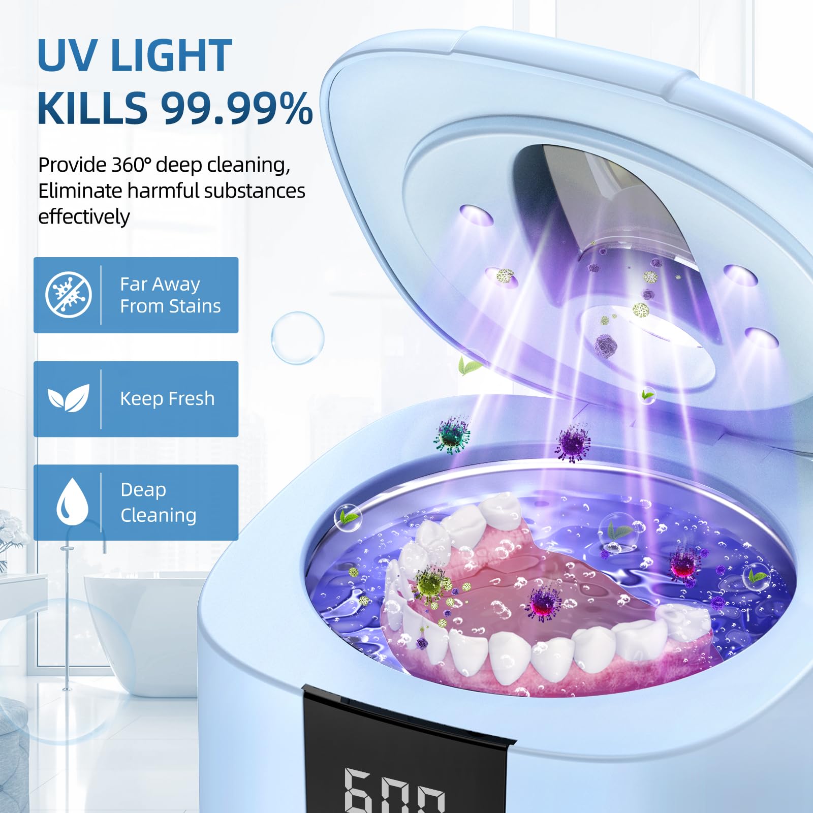 Ultrasonic Retainer Cleaner Machine, Upgraded 45kHz Ultrasonic Cleaner for Mouth Guard Braces, Night Guards, Toothbrush Heads & Jewlery with 200ML, 4 Modes and Digital Timer Dental Cleaning Pod（Blue） - 5