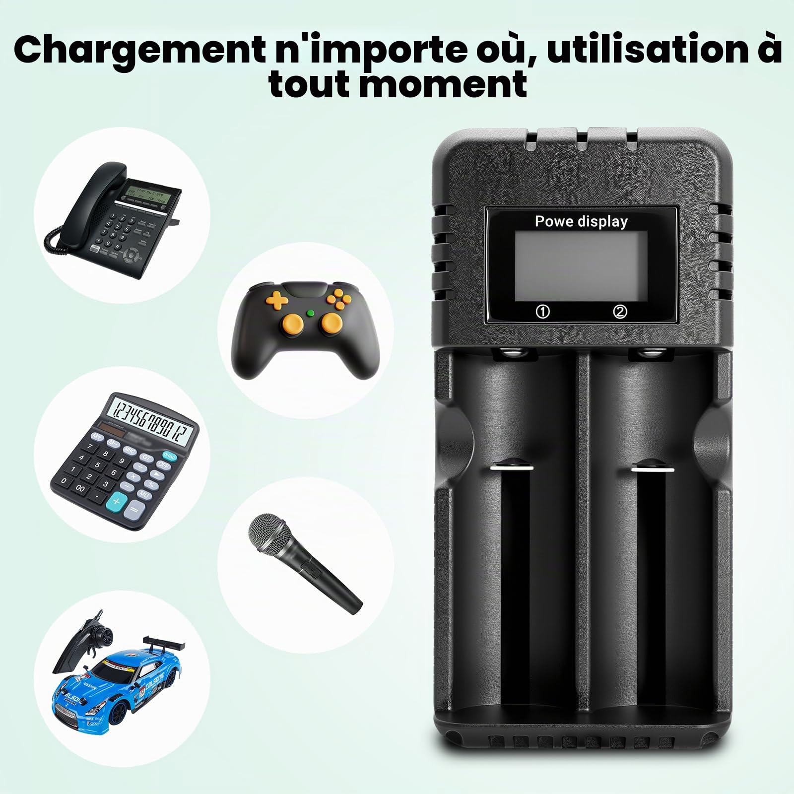 Chargeur de Batterie à LCD, Chargeur de Batterie Li-ION 2 Fentes avec Charge Rapide Intelligente Compatible avec Une Variété de Batteries Li-ION 3,7 V 26650/18650/14500/16340 (2 Fentes)