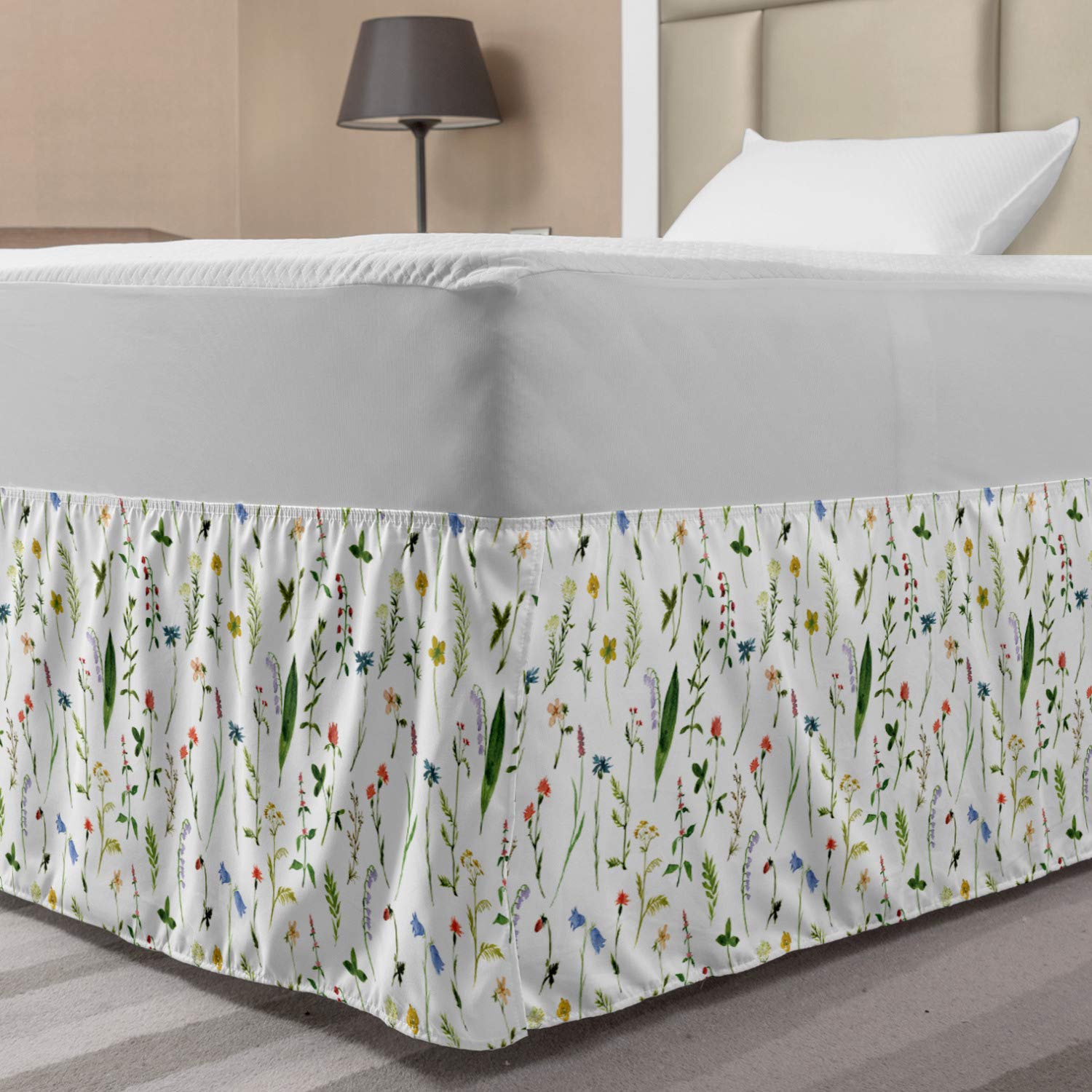 Lunarable Leaf Bed Skirt Flourishing Spring Meadow with Various Wildflowers Nature Themed Watercolor Art Elastic Bedskirt Dust Ruffle