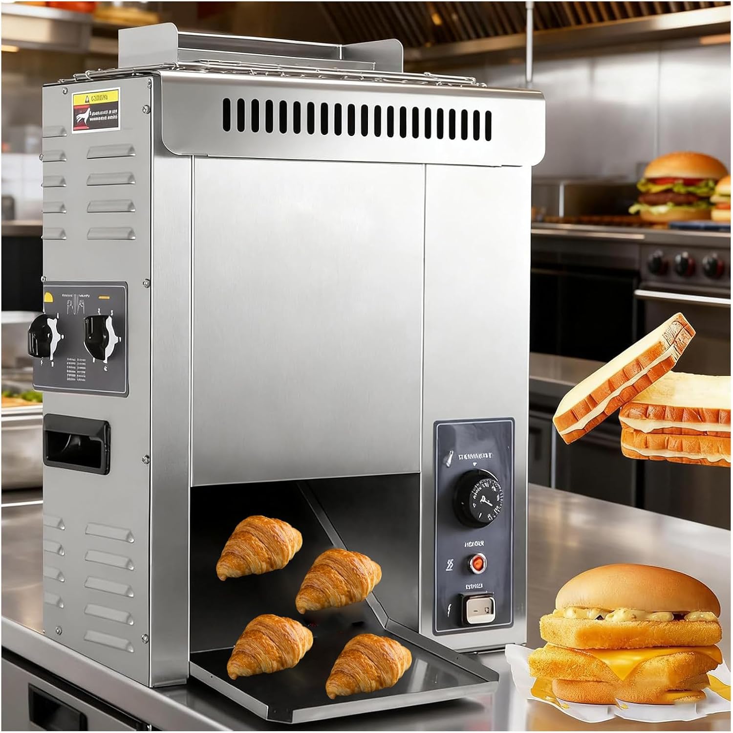 Commercial Toaster with 50-300°C Adjustable Temperature, Automatic Hamburger Bun Toaster, 2000W Vertical Bun Toaster for Toast/Croissant/Burger Bun