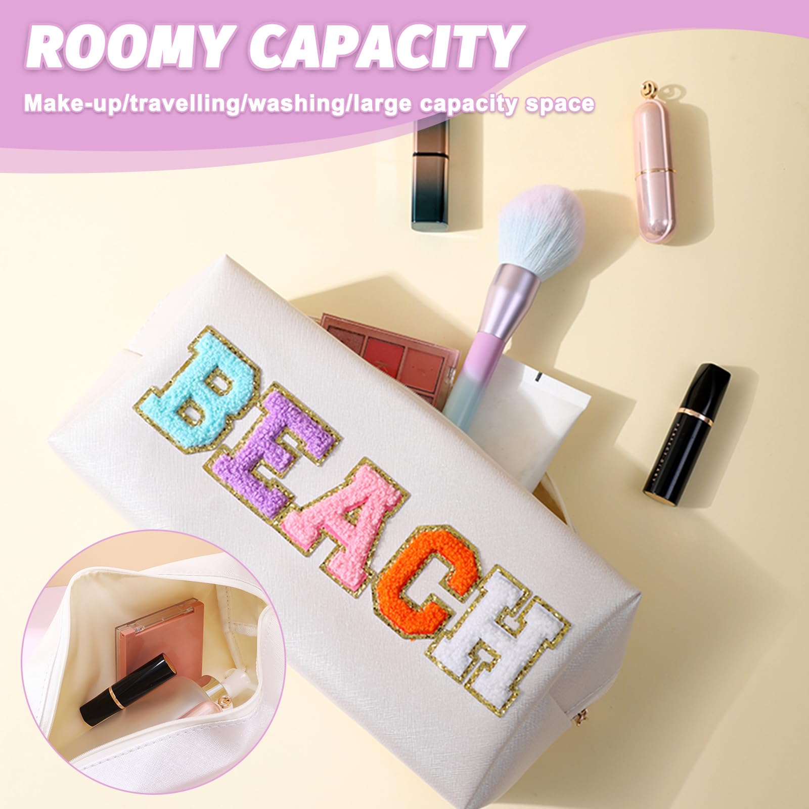 Beauty case - Borsa da viaggio, custodia impermeabile in pelle PU con grande capacità, custodia pieghevole, squisiti adesivi con lettere, 26 x 13 x 7 cm, Spiaggia, Trousse portatile