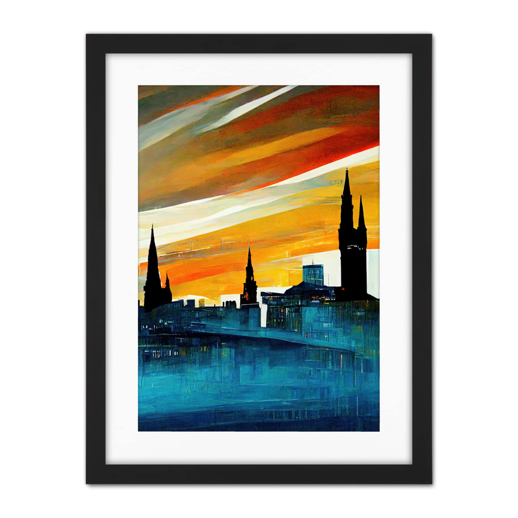Doppelganger33 LTD Dramatic Glasgow City Skyline Modern Artwork Framed Wall Art Print 18X24 Inch