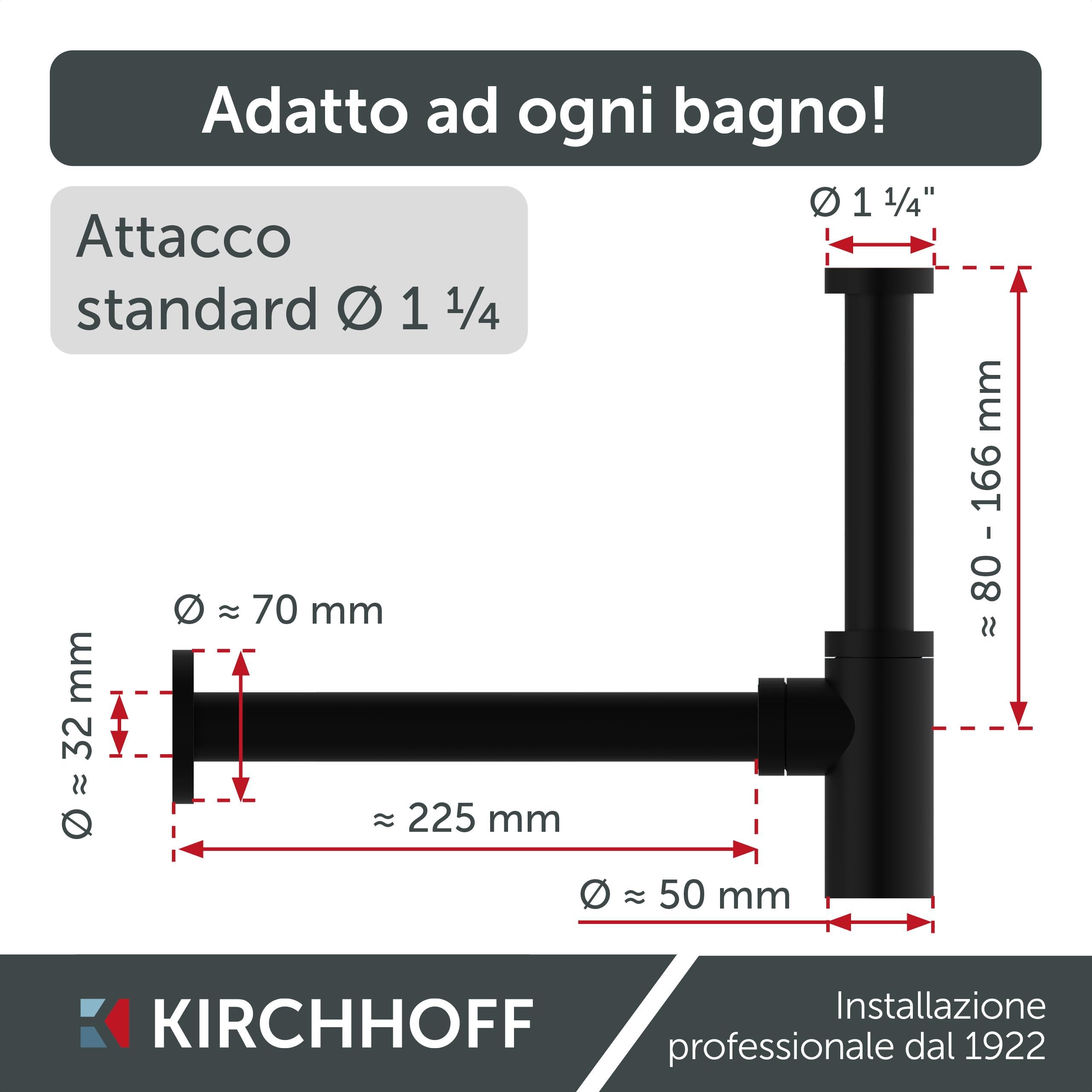 Kirchhoff Sifone di design, sifone per lavabo, in plastica anticorrosione, sifone per lavabo e lavandino, sifone con apertura di pulizia, 98803828, nero