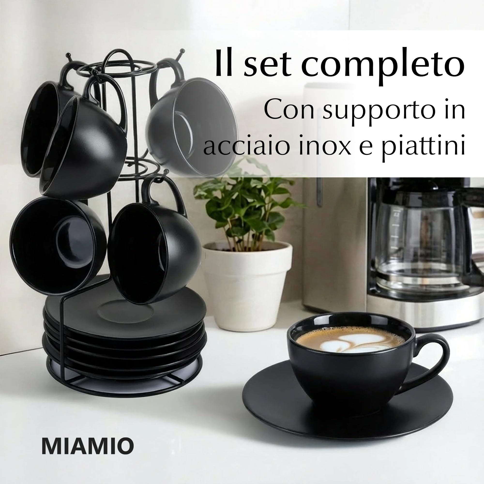 MIAMIO - 175 ml Set di 6 Tazze Cappuccino con Piattini/Tazza Cappuccino/Tazze da Cappuccino - Set Tazzine Caffè con Piattino - Tazze Colazione - Tazze Caffe - Collezione Le Papillon (Negro)