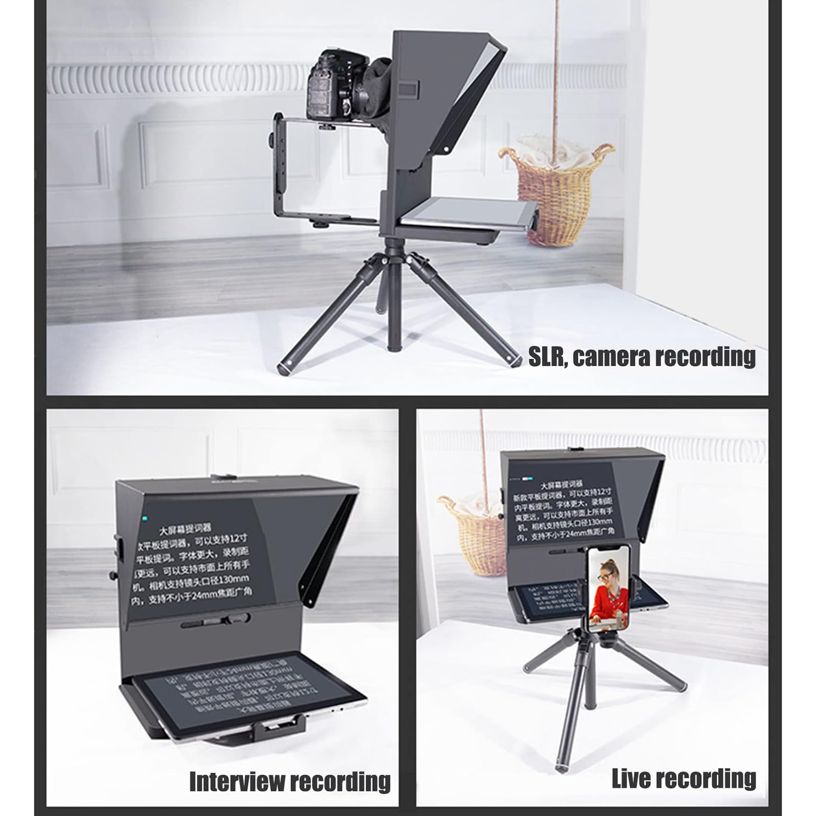 Składany teleprompter, mini teleprompter, z pilotem zdalnego sterowania, tkanina zaciemniająca, kompatybilny z iPadem, tabletami, smartfonami, aparatami, do studia i nagrywania filmów na żywo