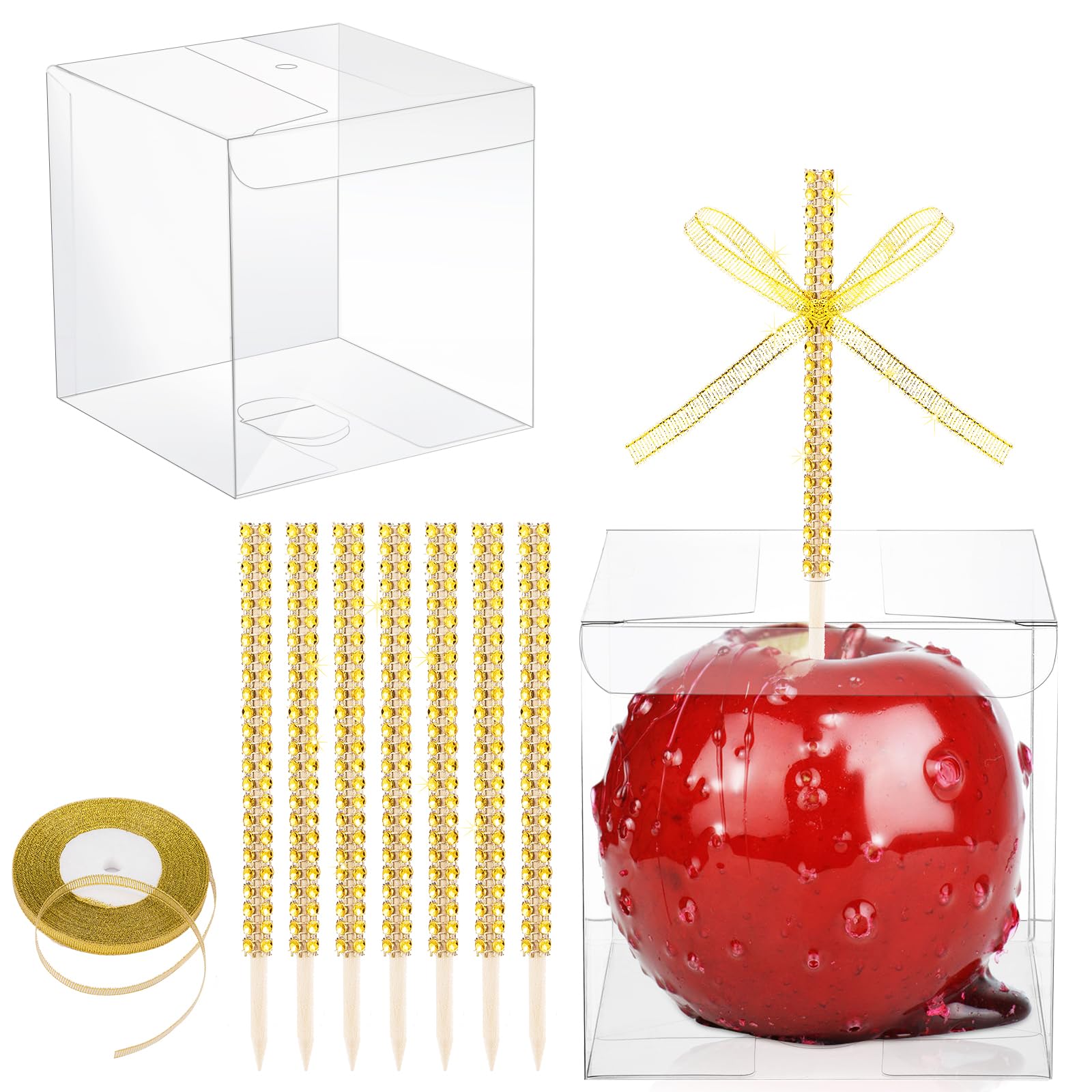 Candy Apple Boxes with Hole and Bling Sticks, 24 Set Caramel Apple Rhinestone Sticks 4 Inch Clear Boxes with Glitter Ribbon, Candy Apple Making Kit for Wedding Baby Shower Christmas, Gold