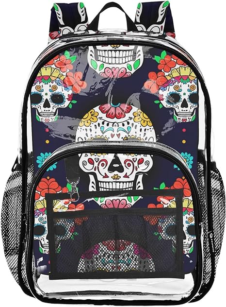 Luminous Sugar Skulls Clear Backpack, Heavy Duty Transparent Bookbag for Kids, School, Stadium Approved