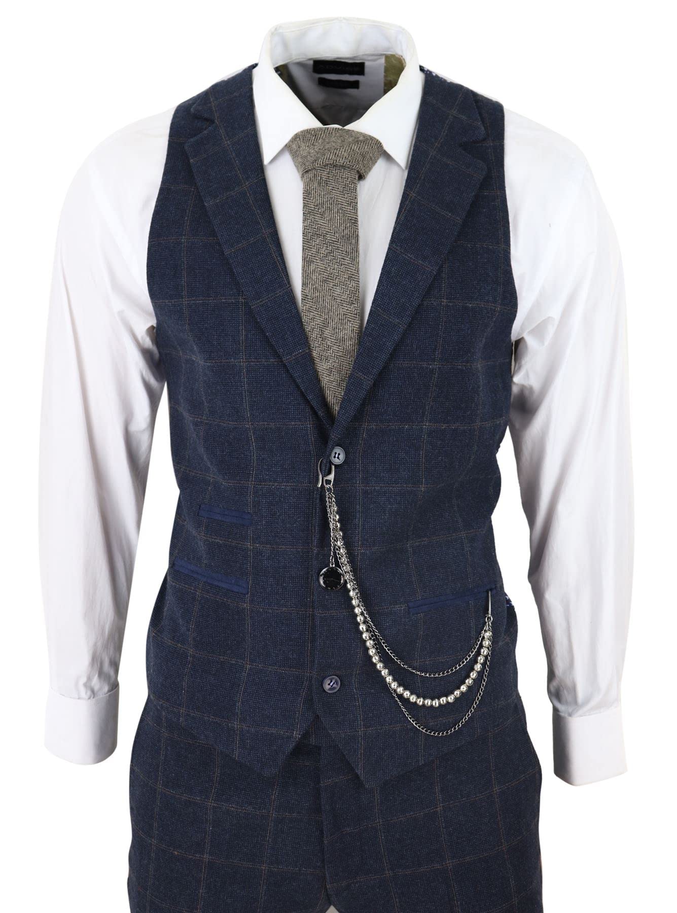 TruClothing.com Herren 3 Teilig Anzug Wolle Tweed Marineblau Braun Karo Formelle 1920s Gatsby
