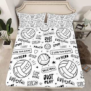 Volleyball Bed Sheet Set Sports Theme Bedding Sheet 3D Ball Fitted Sheet for Boys Girls Children Teens Bedroom Decor Competitive Games White Black Comforter Cover Queen Size With 2 Pillow Case