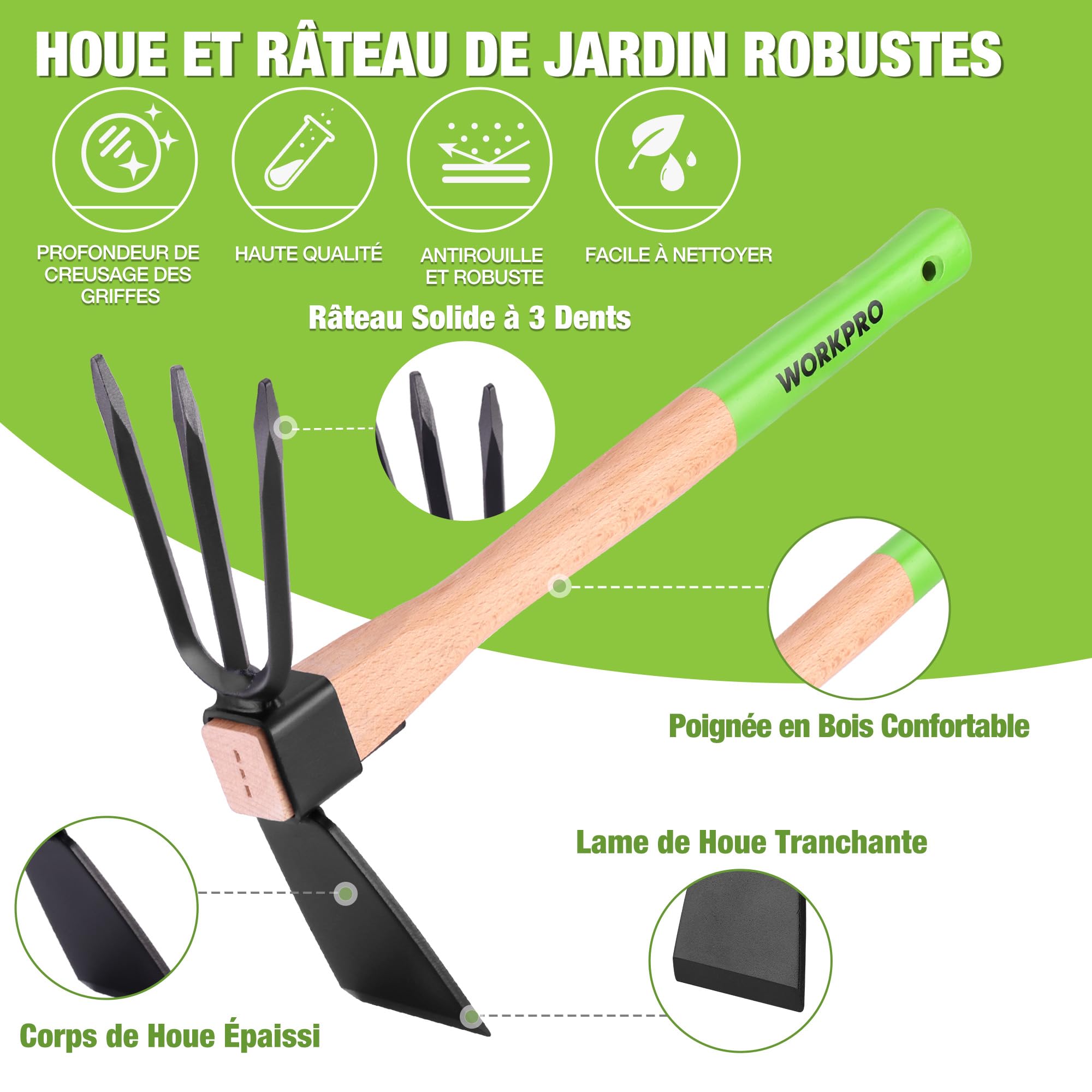 WORKPRO Serfouette Jardinage 36 cm, Houe de Jardin 2 en 1 avec Griffe de Jardin 3 Dents, Outil Jardinage Robuste avec Manche en Bois de Hêtre pour Désherber, Ameublir la Terre et Cultiver Le Sol