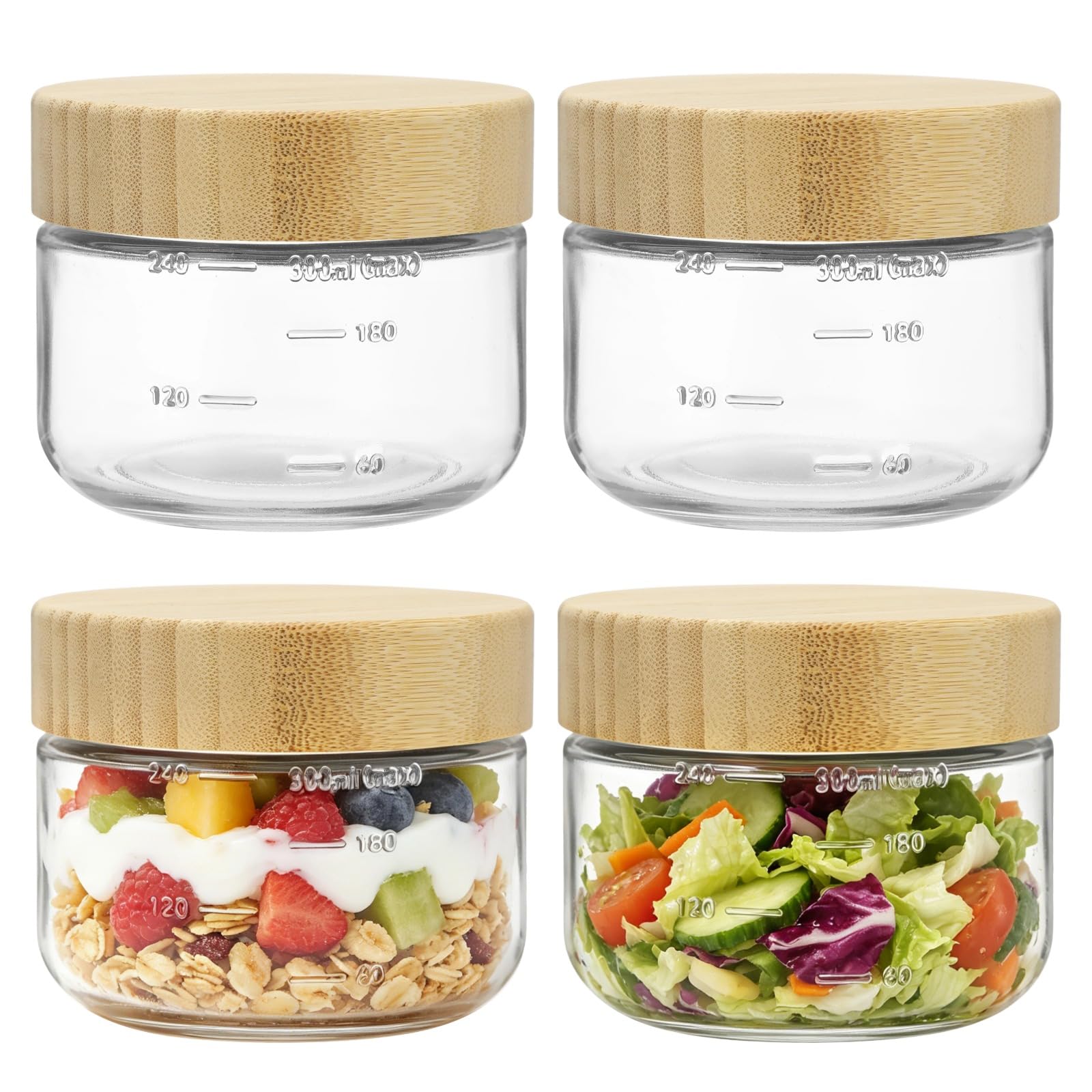 4Pcs Glass Storage Jars with Wooden Lids, 10 oz Airtight Clear Food Containers, Thickened Wide Mouth Glass Canisters for Overnight Oats, Meal Prep, Yogurt, Cereal, Fruit, Salad, Spices & Sugar