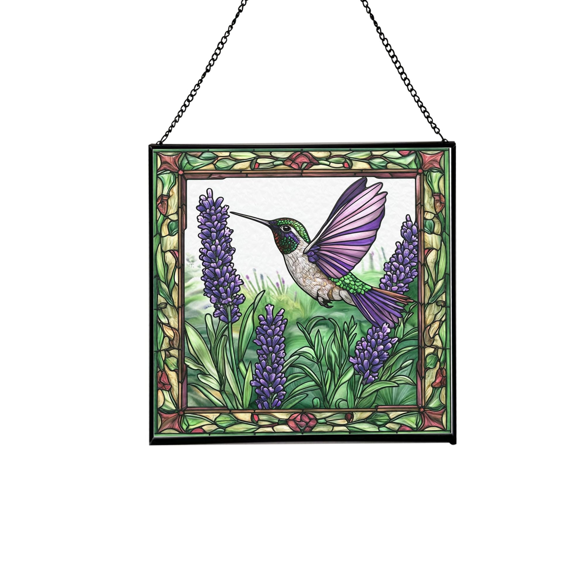 Lavender and Hummingbirds Stained Glass Panels Window Hangings Tiffany Glass Traditional Art Crafts for Home Decor Gifts 74OR13
